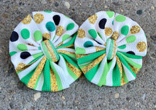 Load image into Gallery viewer, Green & Gold DotsnStripes Pinwheel Bow